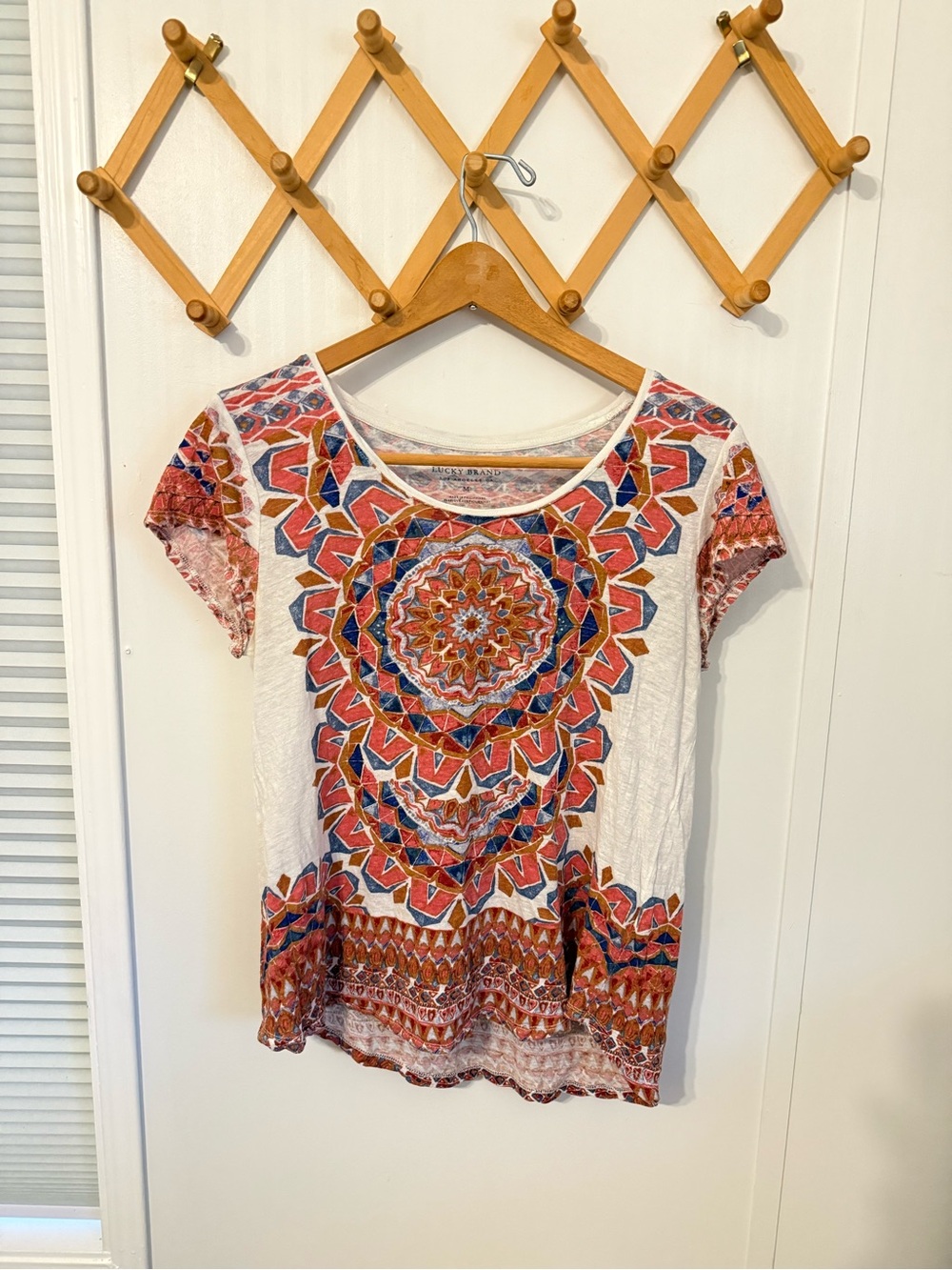 Lucky Brand White Short-Sleeve Tee with Red & Blue Mandala